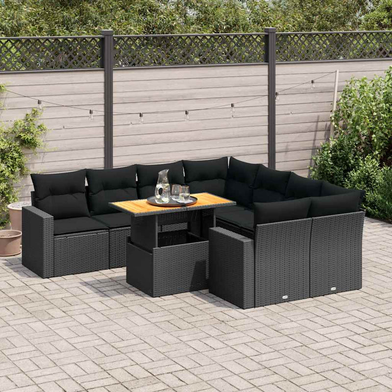 9 Piece Garden Sofa Set with Cushions Black Poly Rattan