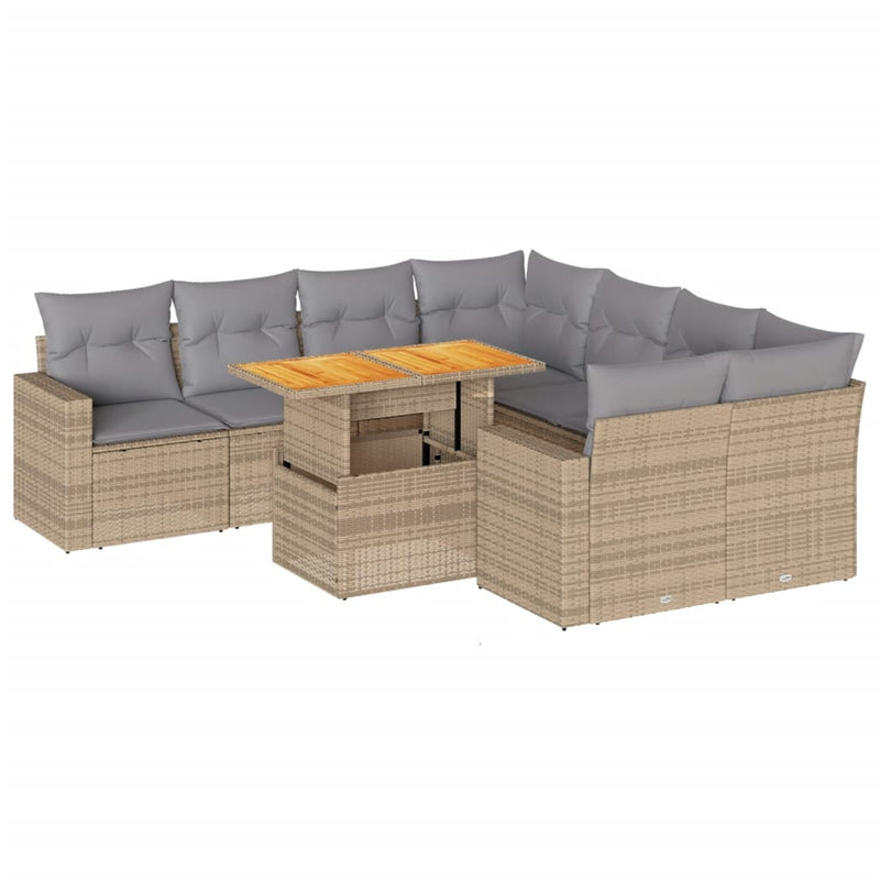 9 Piece Garden Sofa Set with Cushions Beige Poly Rattan