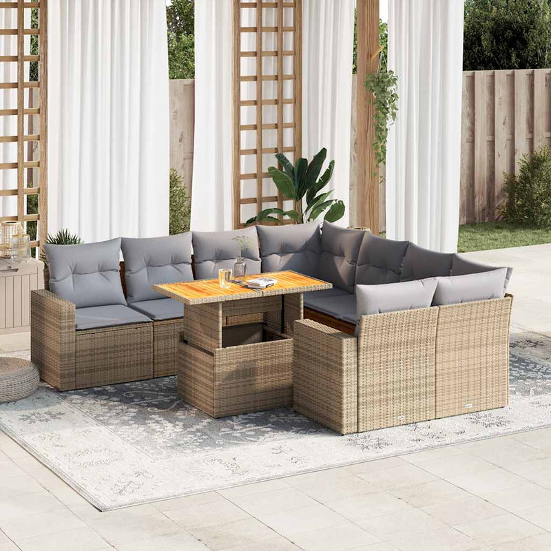 9 Piece Garden Sofa Set with Cushions Beige Poly Rattan