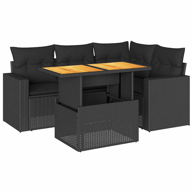 5 Piece Garden Sofa Set with Cushions Black Poly Rattan