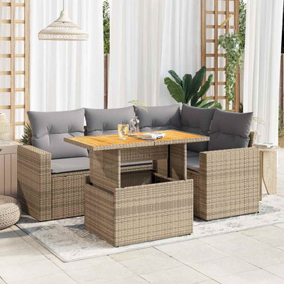 5 Piece Garden Sofa Set with Cushions Beige Poly Rattan