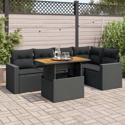 6 Piece Garden Sofa Set with Cushions Black Poly Rattan