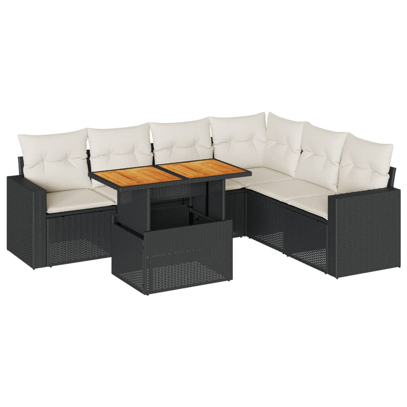 7 Piece Garden Sofa Set with Cushions Black Poly Rattan