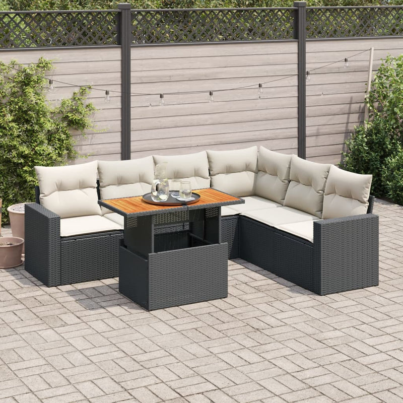 7 Piece Garden Sofa Set with Cushions Black Poly Rattan