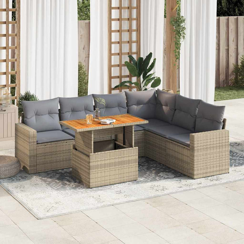 7 Piece Garden Sofa Set with Cushions Beige Poly Rattan