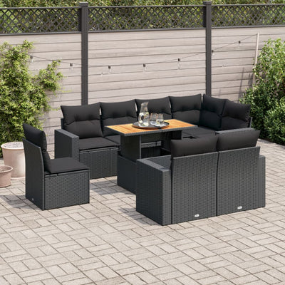 9 Piece Garden Sofa Set with Cushions Black Poly Rattan