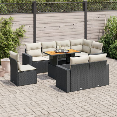 9 Piece Garden Sofa Set with Cushions Black Poly Rattan