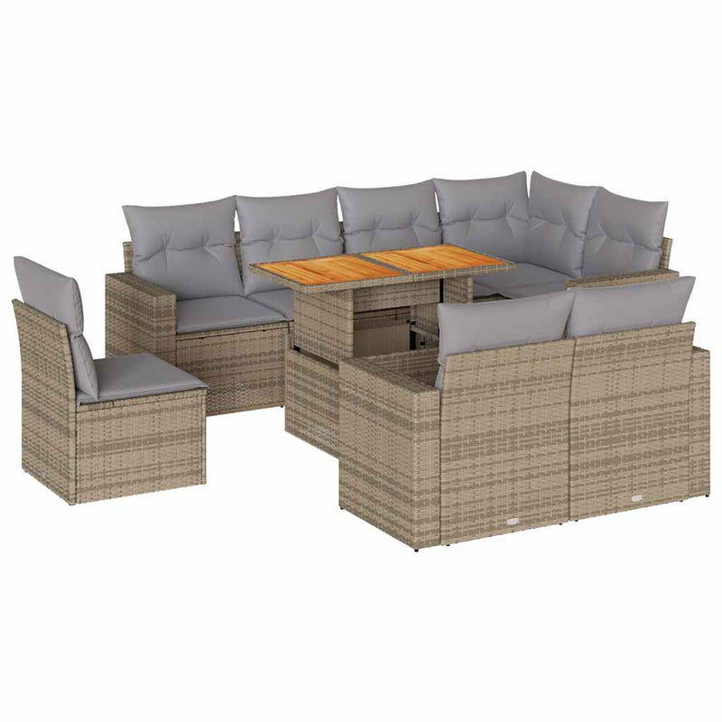 9 Piece Garden Sofa Set with Cushions Beige Poly Rattan