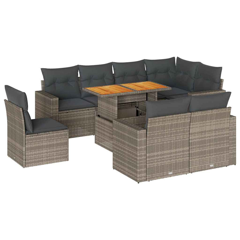 9 Piece Garden Sofa Set with Cushions Grey Poly Rattan