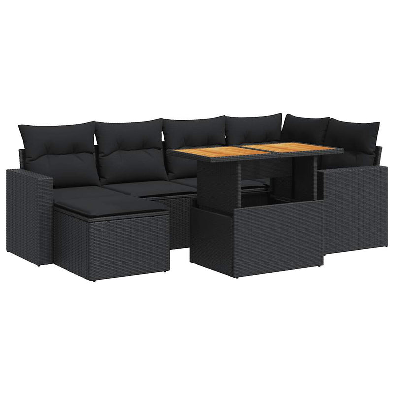 7 Piece Garden Sofa Set with Cushions Black Poly Rattan