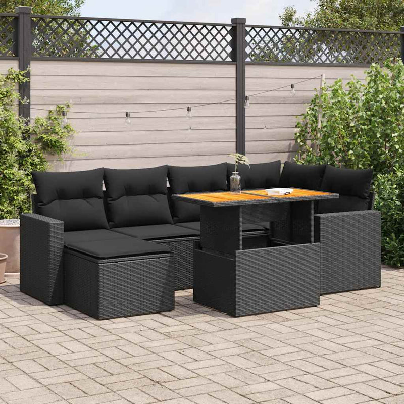 7 Piece Garden Sofa Set with Cushions Black Poly Rattan