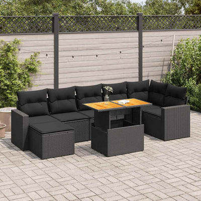 8 Piece Garden Sofa Set with Cushions Black Poly Rattan