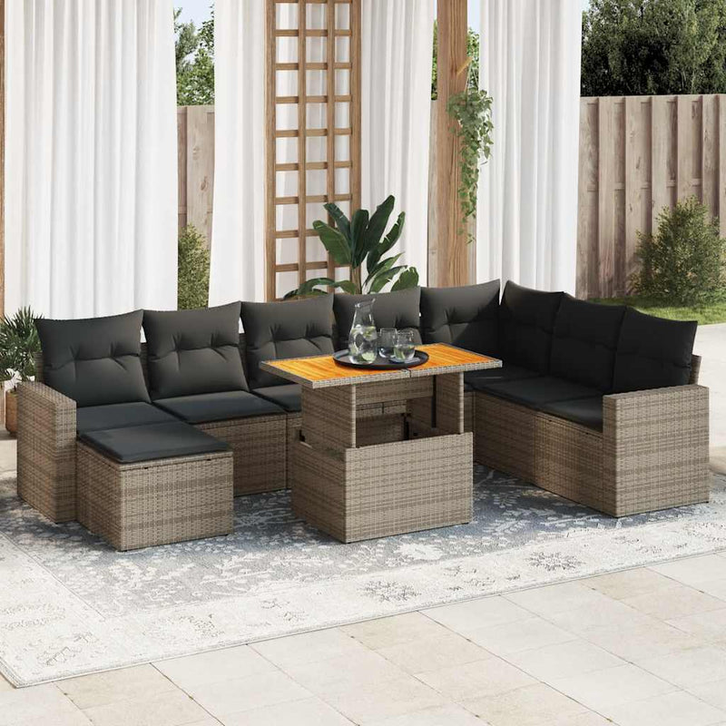 9 Piece Garden Sofa Set with Cushions Grey Poly Rattan