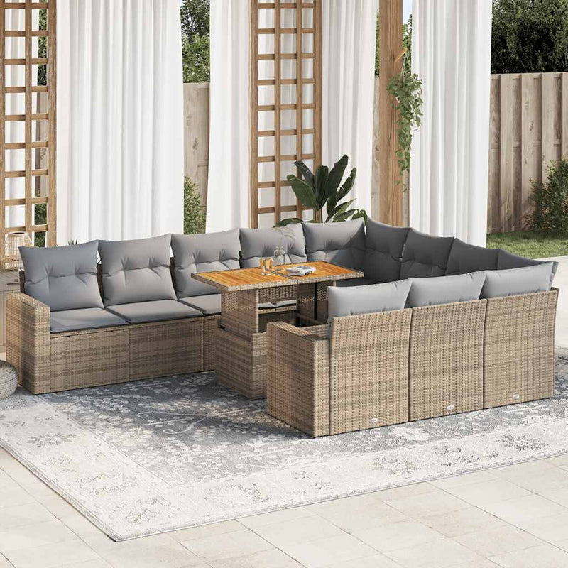 11 Piece Garden Sofa Set with Cushions Beige Poly Rattan