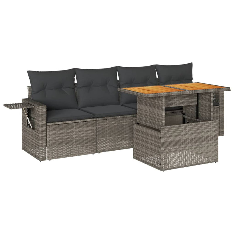 5 Piece Garden Sofa Set with Cushions Grey Poly Rattan