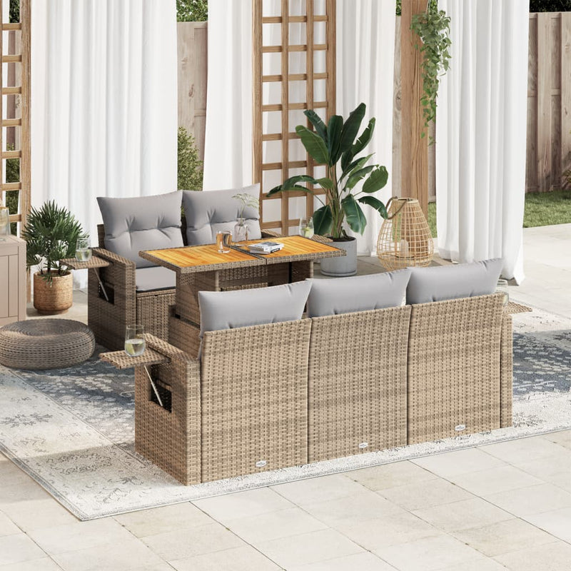 6 Piece Garden Sofa Set with Cushions Beige Poly Rattan