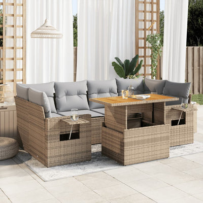 7 Piece Garden Sofa Set with Cushions Beige Poly Rattan