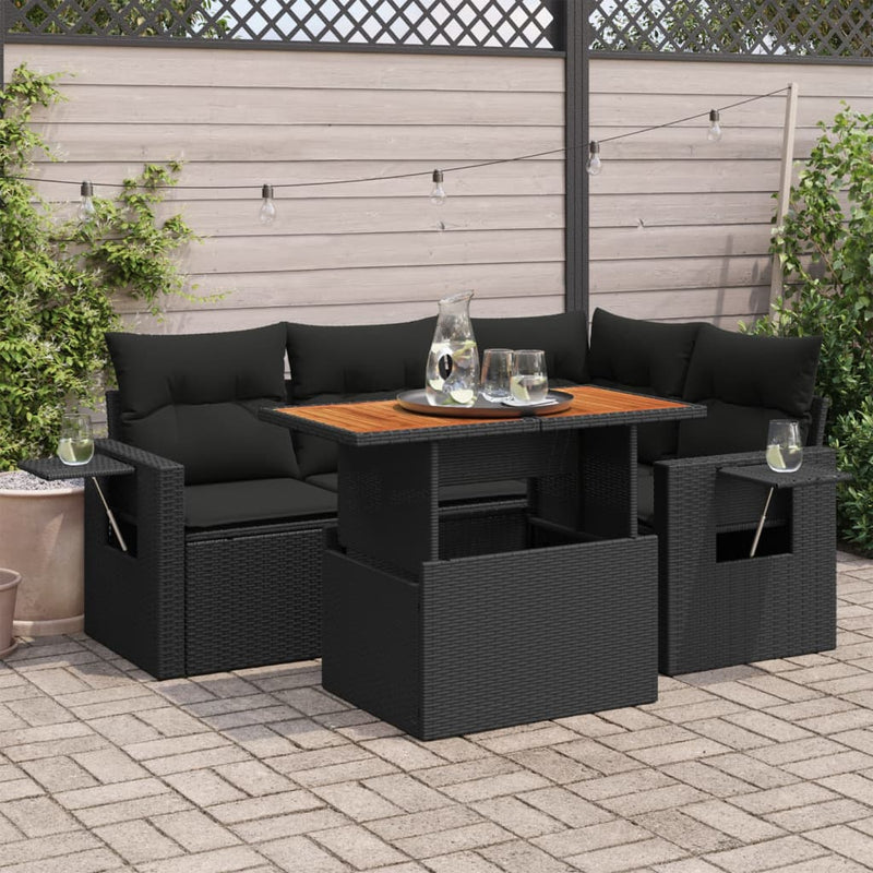 5 Piece Garden Sofa Set with Cushions Black Poly Rattan