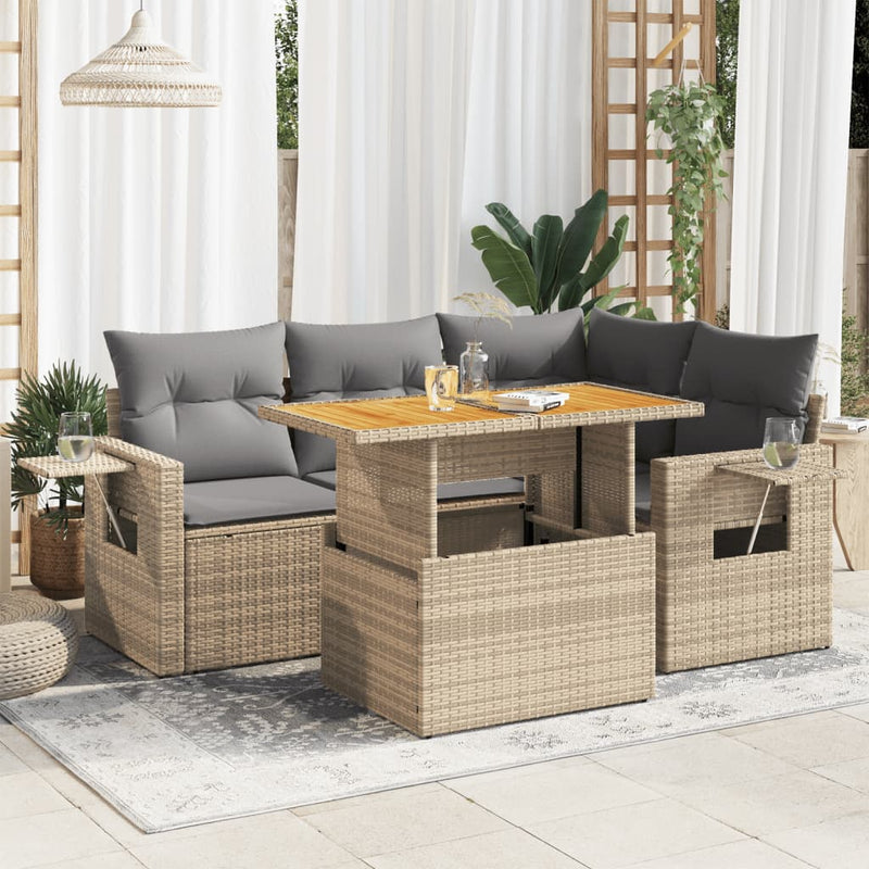 5 Piece Garden Sofa Set with Cushions Beige Poly Rattan