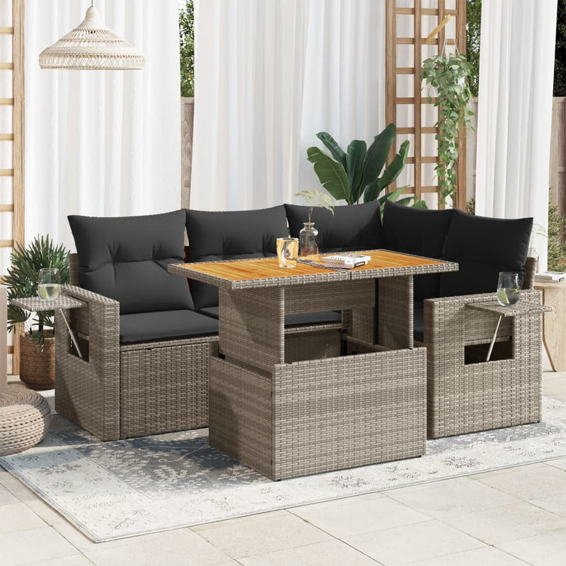 5 Piece Garden Sofa Set with Cushions Grey Poly Rattan