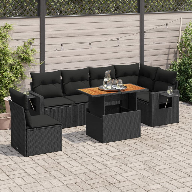 7 Piece Garden Sofa Set with Cushions Black Poly Rattan