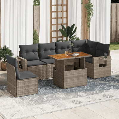 7 Piece Garden Sofa Set with Cushions Grey Poly Rattan