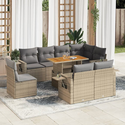 9 Piece Garden Sofa Set with Cushions Beige Poly Rattan