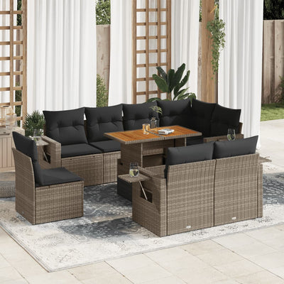 9 Piece Garden Sofa Set with Cushions Grey Poly Rattan