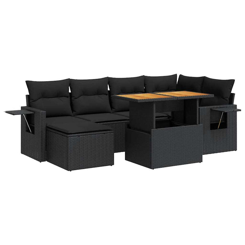 7 Piece Garden Sofa Set with Cushions Black Poly Rattan