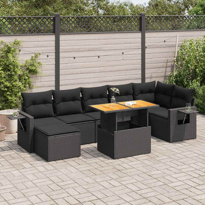 8 Piece Garden Sofa Set with Cushions Black Poly Rattan