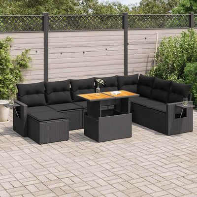 9 Piece Garden Sofa Set with Cushions Black Poly Rattan