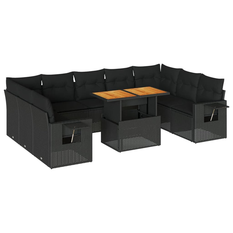 10 Piece Garden Sofa Set with Cushions Black Poly Rattan