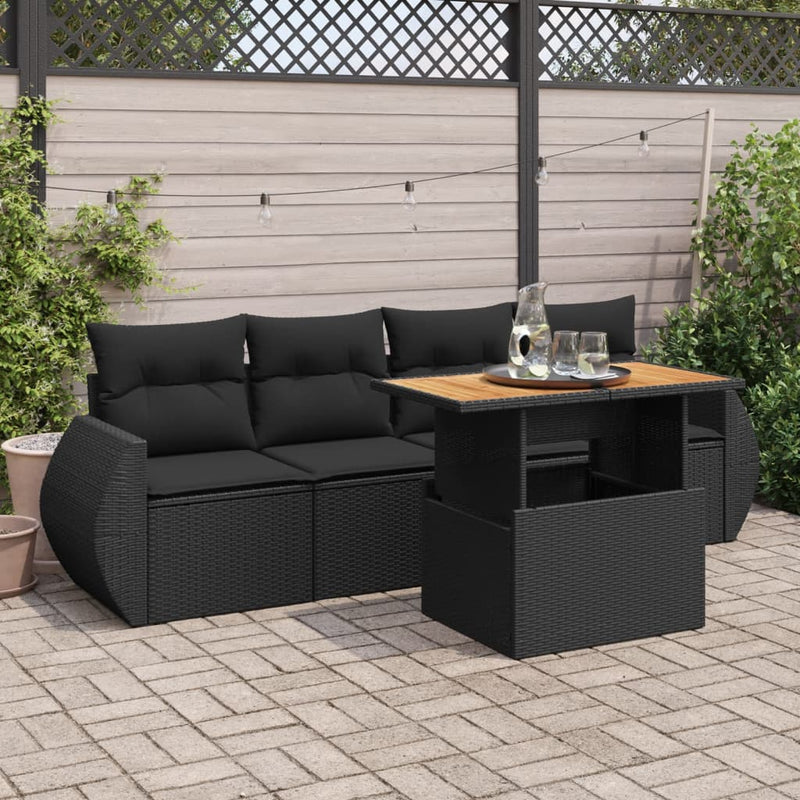 5 Piece Garden Sofa Set with Cushions Black Poly Rattan