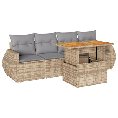 5 Piece Garden Sofa Set with Cushions Beige Poly Rattan