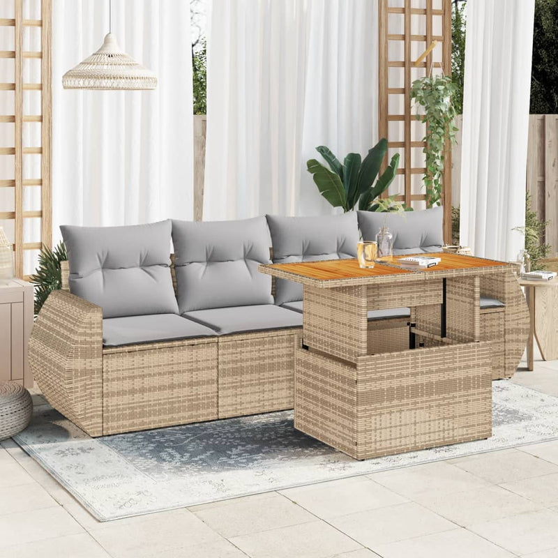 5 Piece Garden Sofa Set with Cushions Beige Poly Rattan