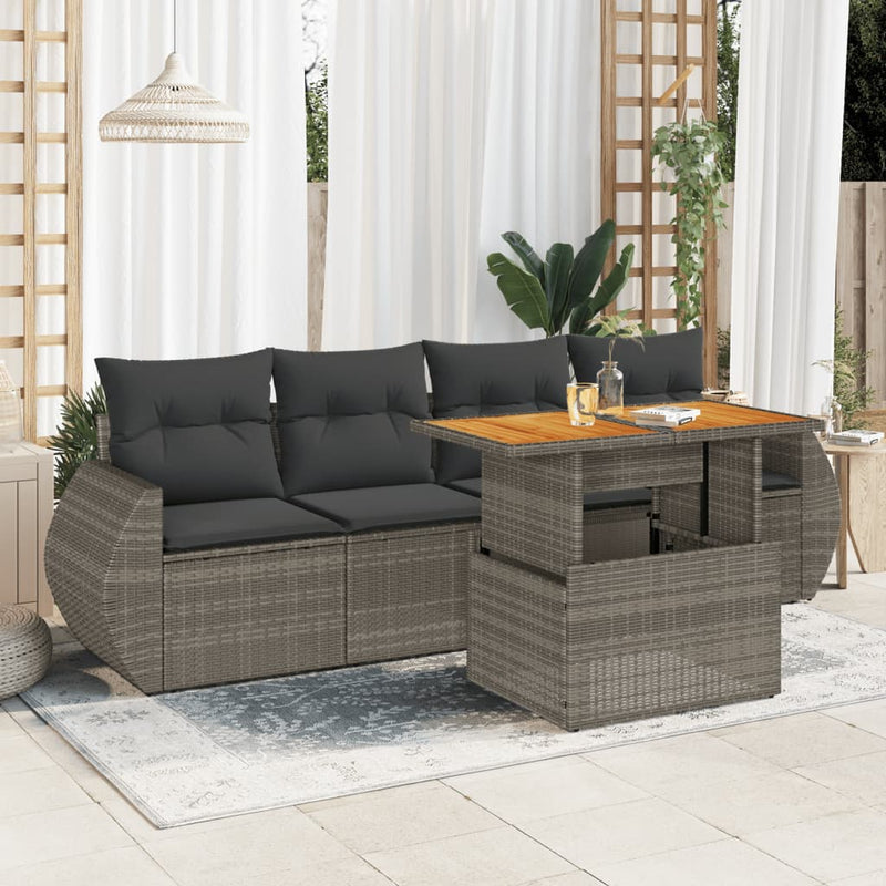 5 Piece Garden Sofa Set with Cushions Grey Poly Rattan