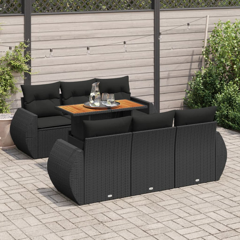 7 Piece Garden Sofa Set with Cushions Black Poly Rattan