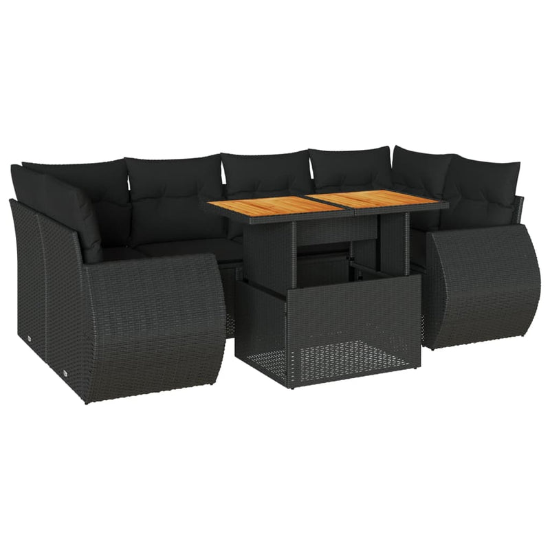 7 Piece Garden Sofa Set with Cushions Black Poly Rattan