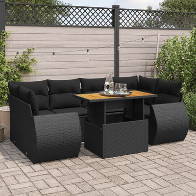 7 Piece Garden Sofa Set with Cushions Black Poly Rattan