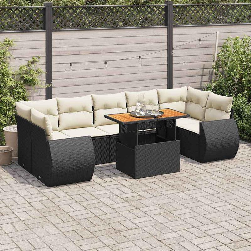 8 Piece Garden Sofa Set with Cushions Black Poly Rattan