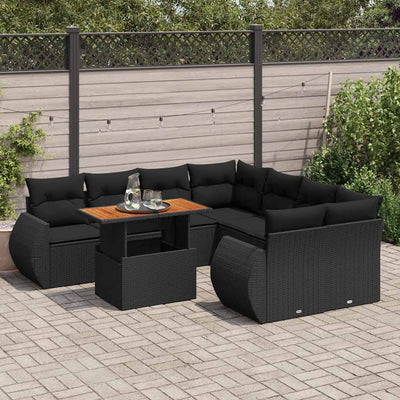 9 Piece Garden Sofa Set with Cushions Black Poly Rattan