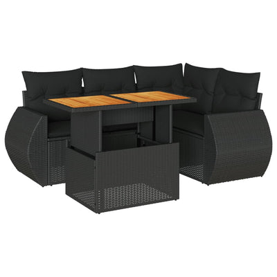 5 Piece Garden Sofa Set with Cushions Black Poly Rattan