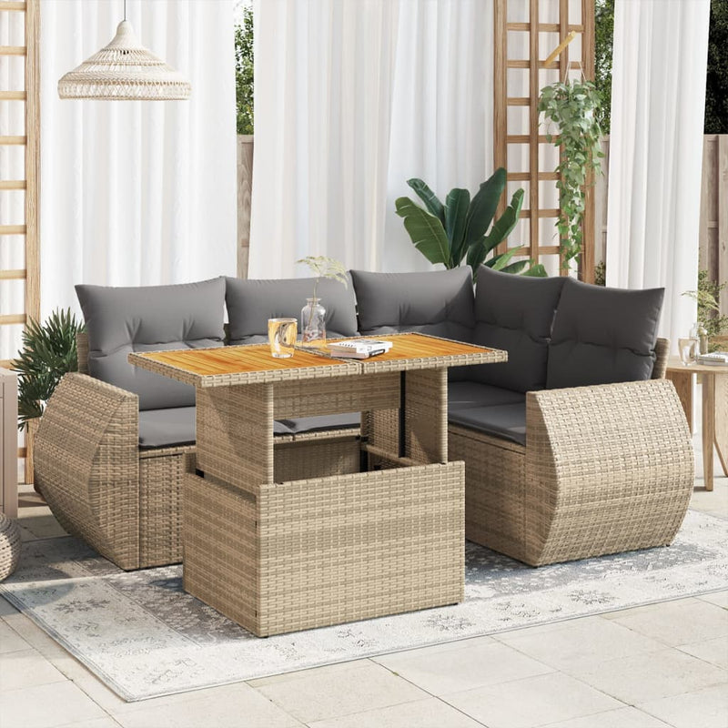 5 Piece Garden Sofa Set with Cushions Beige Poly Rattan