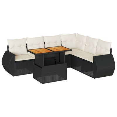 7 Piece Garden Sofa Set with Cushions Black Poly Rattan