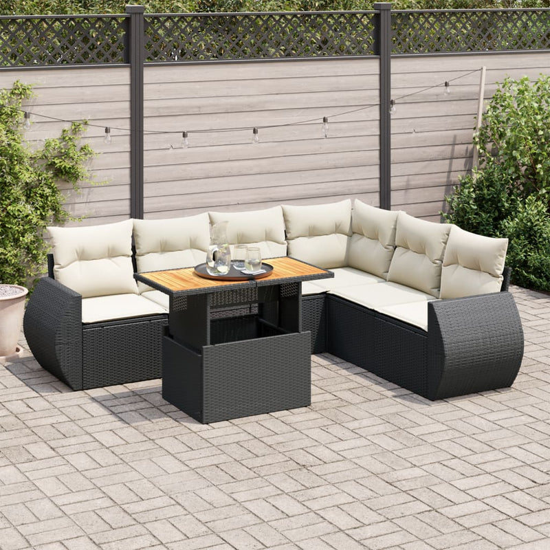 7 Piece Garden Sofa Set with Cushions Black Poly Rattan