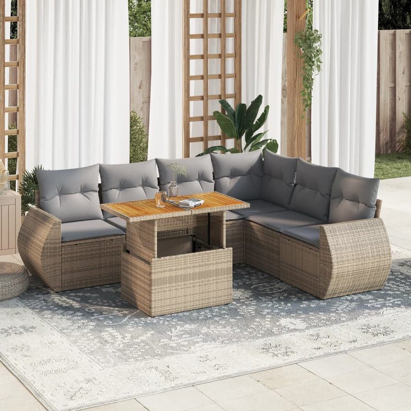 7 Piece Garden Sofa Set with Cushions Beige Poly Rattan