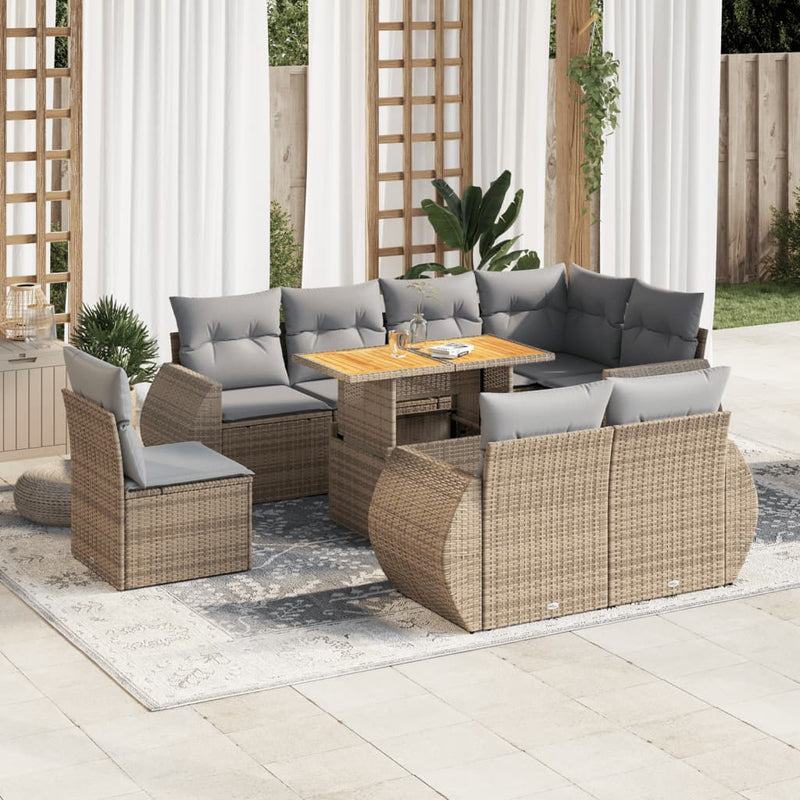 9 Piece Garden Sofa Set with Cushions Beige Poly Rattan