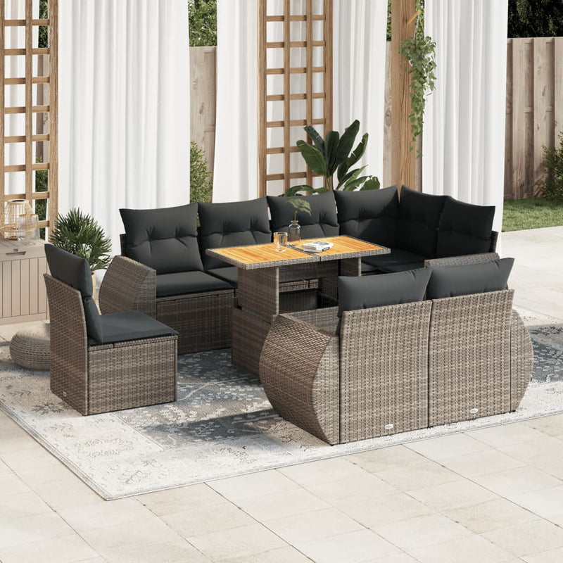 9 Piece Garden Sofa Set with Cushions Grey Poly Rattan