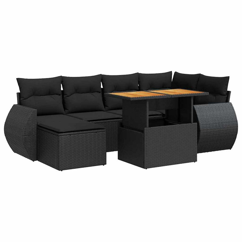 7 Piece Garden Sofa Set with Cushions Black Poly Rattan