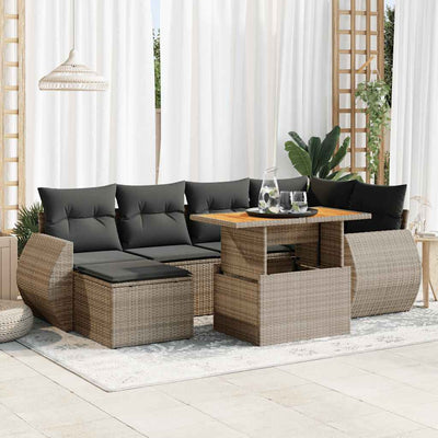 7 Piece Garden Sofa Set with Cushions Grey Poly Rattan